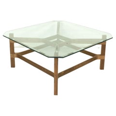Mid Century Style American Nut Coffee Table with Vintage Glass Top