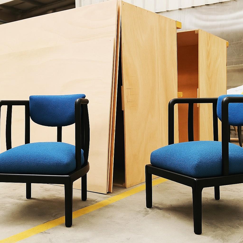 Stainless Steel Mid-Century Style Armchair In Black Frame & Navy Blue Resistant Velvet For Sale
