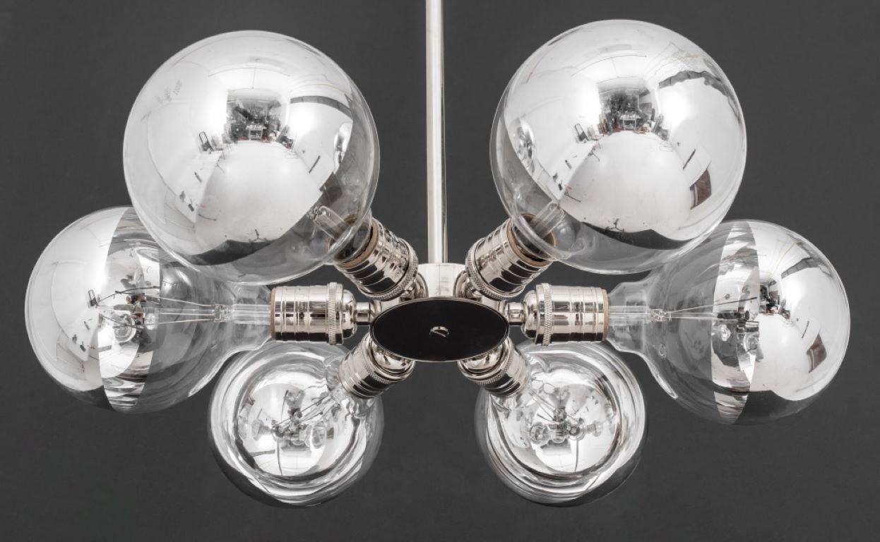 Mid-century modern style chrome pendant, with six bulbs grouped around a central support.  