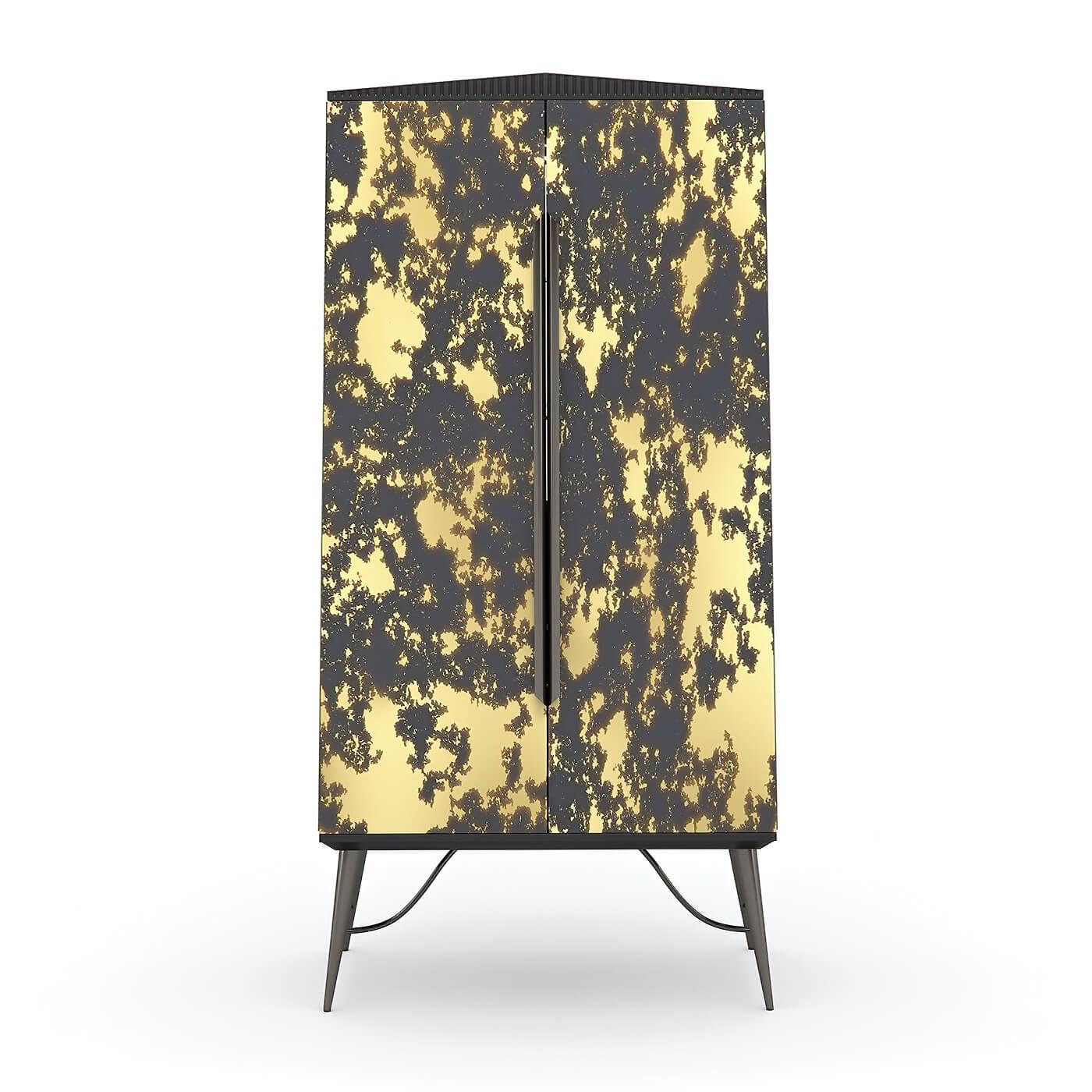 A mid-century-style bar cabinet with Venetian antique mirrored door fronts. This stunning piece is Mid Century Modern meets neoclassical. Its tall tapered shape is accented by a thin pediment at the top and conical metal legs in a bronze finish.