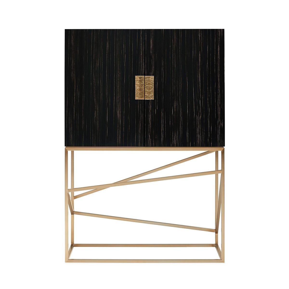 Mid Century style bar cabinet, finished in striated Ebony and appears suspended by an open framework of architectural-inspired metal supports finished in warm Lucent Bronze. Signature door pulls add a bold accent to its linear exterior. Look behind