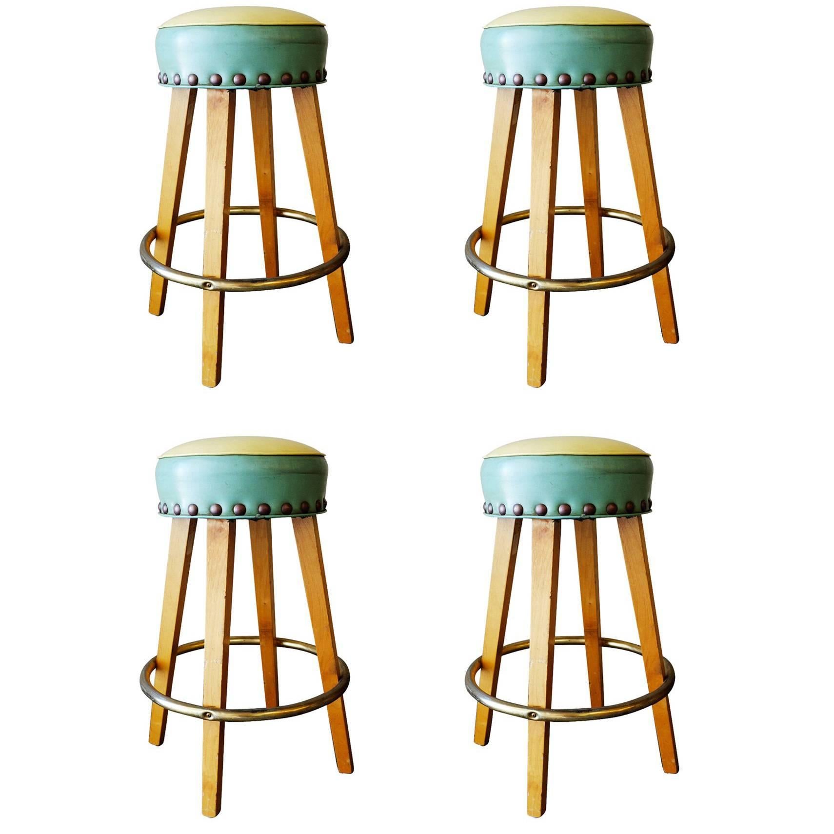Mid Century Style Bar Stools with Round Footrest, Set of Four