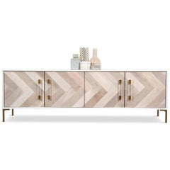 Mid-Century Style Bleached Walnut Storage Credenza with Lucite & Brass Hardware