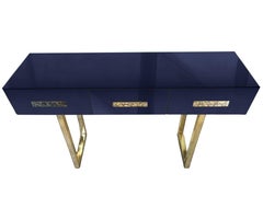 Mid-Century Style Blue Console Table Brass Mirrored Murano Glass, Available
