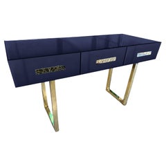 Mid-Century Style Blue Console Table Brass Mirrored Murano Glass, Available