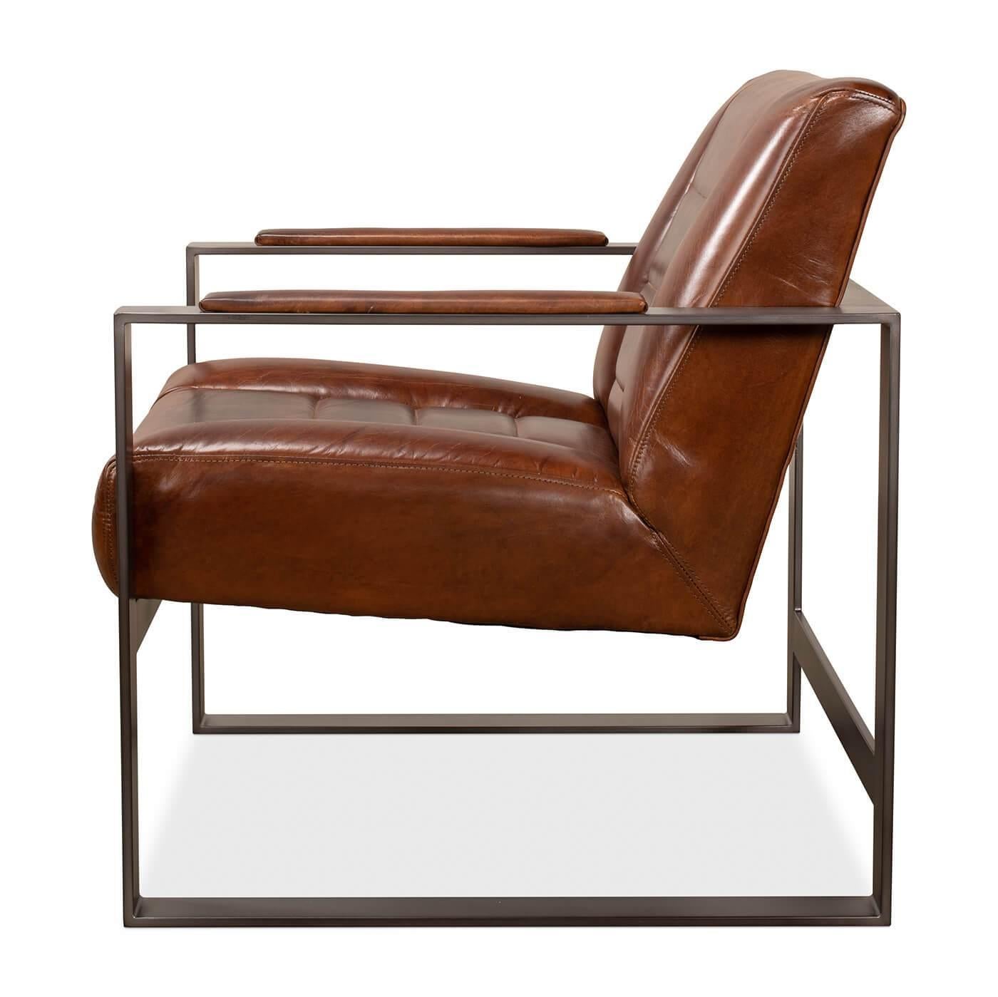 Mid-Century Modern Mid Century Style Boxed Frame Leather Armchair For Sale