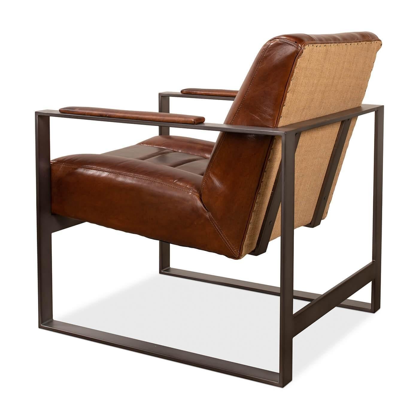 Mid Century Style Boxed Frame Leather Armchair In New Condition For Sale In Westwood, NJ