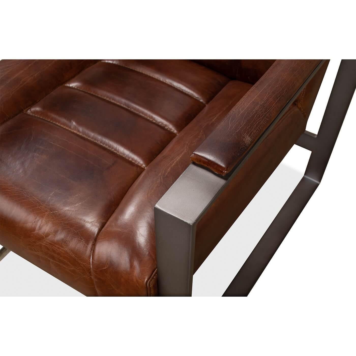 Contemporary Mid Century Style Boxed Frame Leather Armchair For Sale