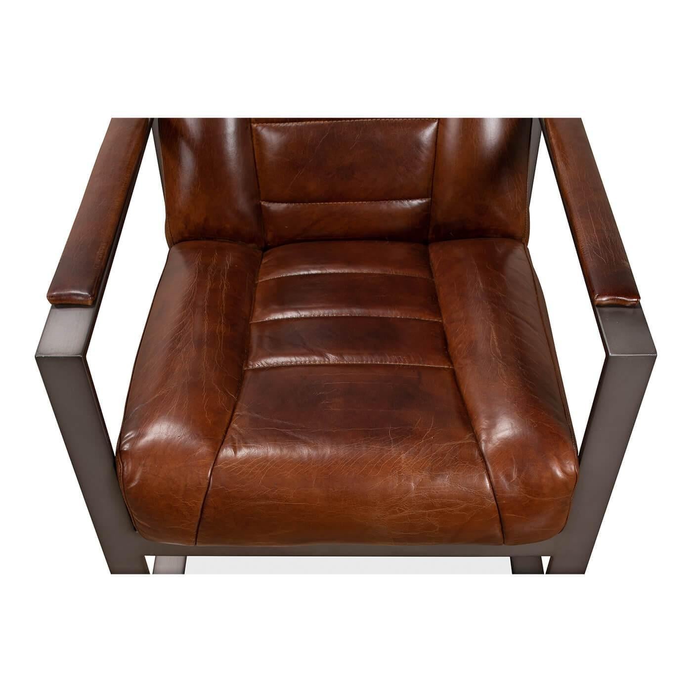 Mid Century Style Boxed Frame Leather Armchair For Sale 2