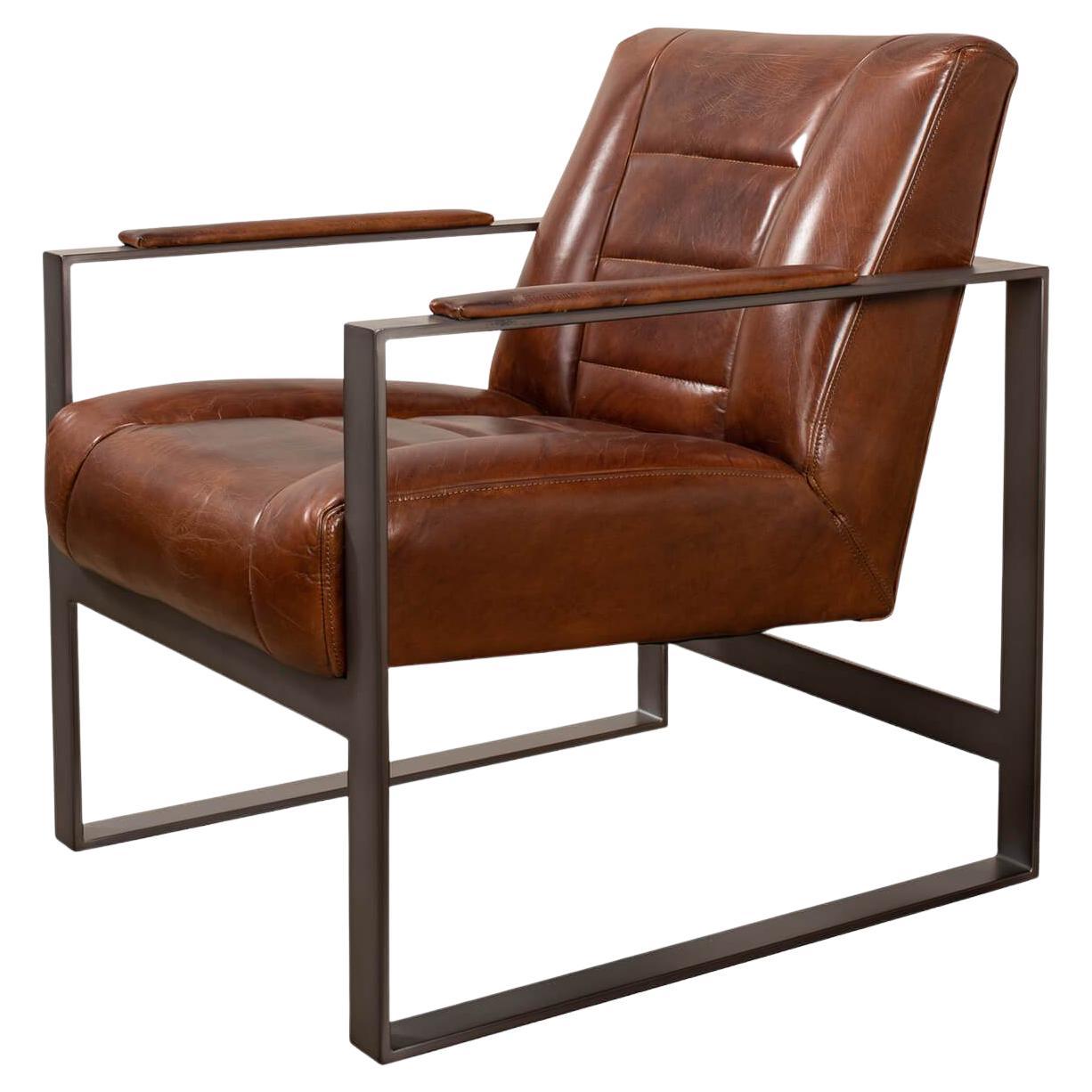 Mid Century Style Boxed Frame Leather Armchair For Sale