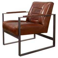 Fauteuil en cuir à structure caissonnée de style Mid Century