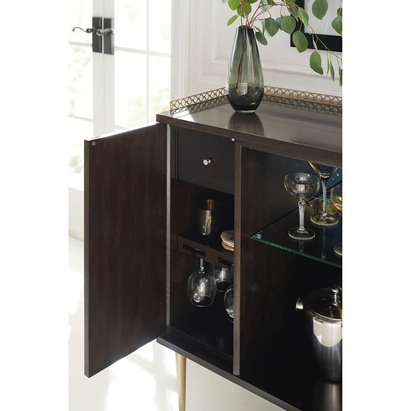 Contemporary Mid Century Style Bronzed Ebony Bar Cabinet For Sale