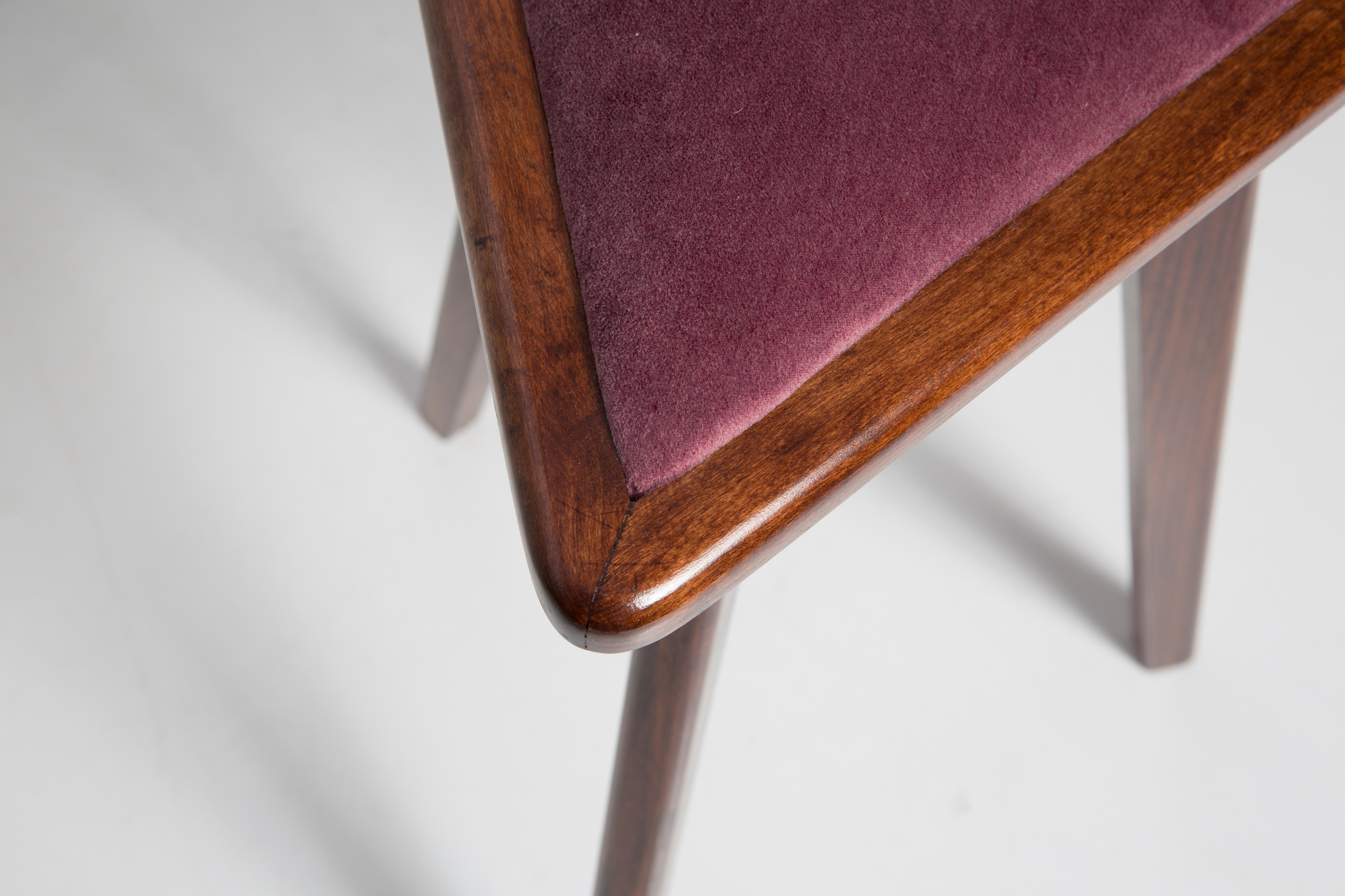 Hand-Crafted Mid-Century Style Burgundy Velvet Triangle Medium Stool, by Vintola, Europe For Sale