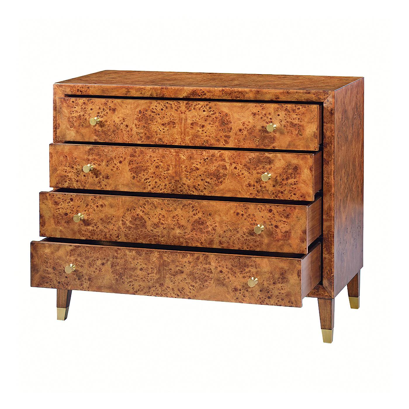 Mid-century style burl dresser with four drawers each with polished brass turned knobs with a hand rubbed warm brown finish with subtle distressing and raised on square tapered legs with brass caps.

Dimensions: 40