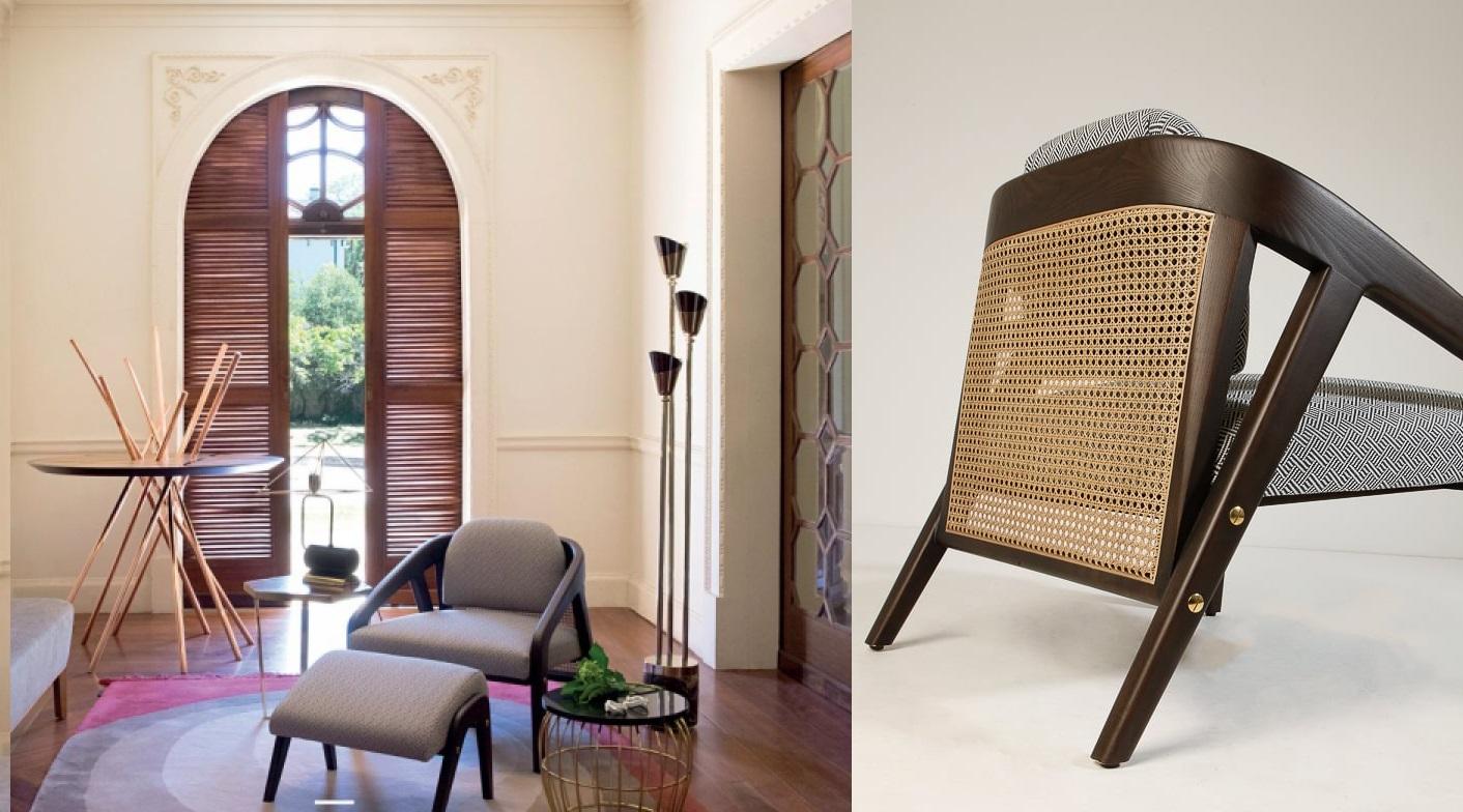 Mid-Century Style Cane Armchair & Ottoman In Beige Velvet &  Walnut Frame For Sale 3