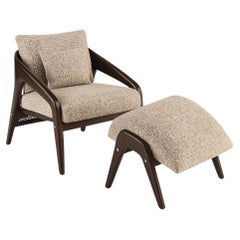 Mid-Century Style Cane Armchair & Ottoman In Beige Velvet &  Walnut Frame