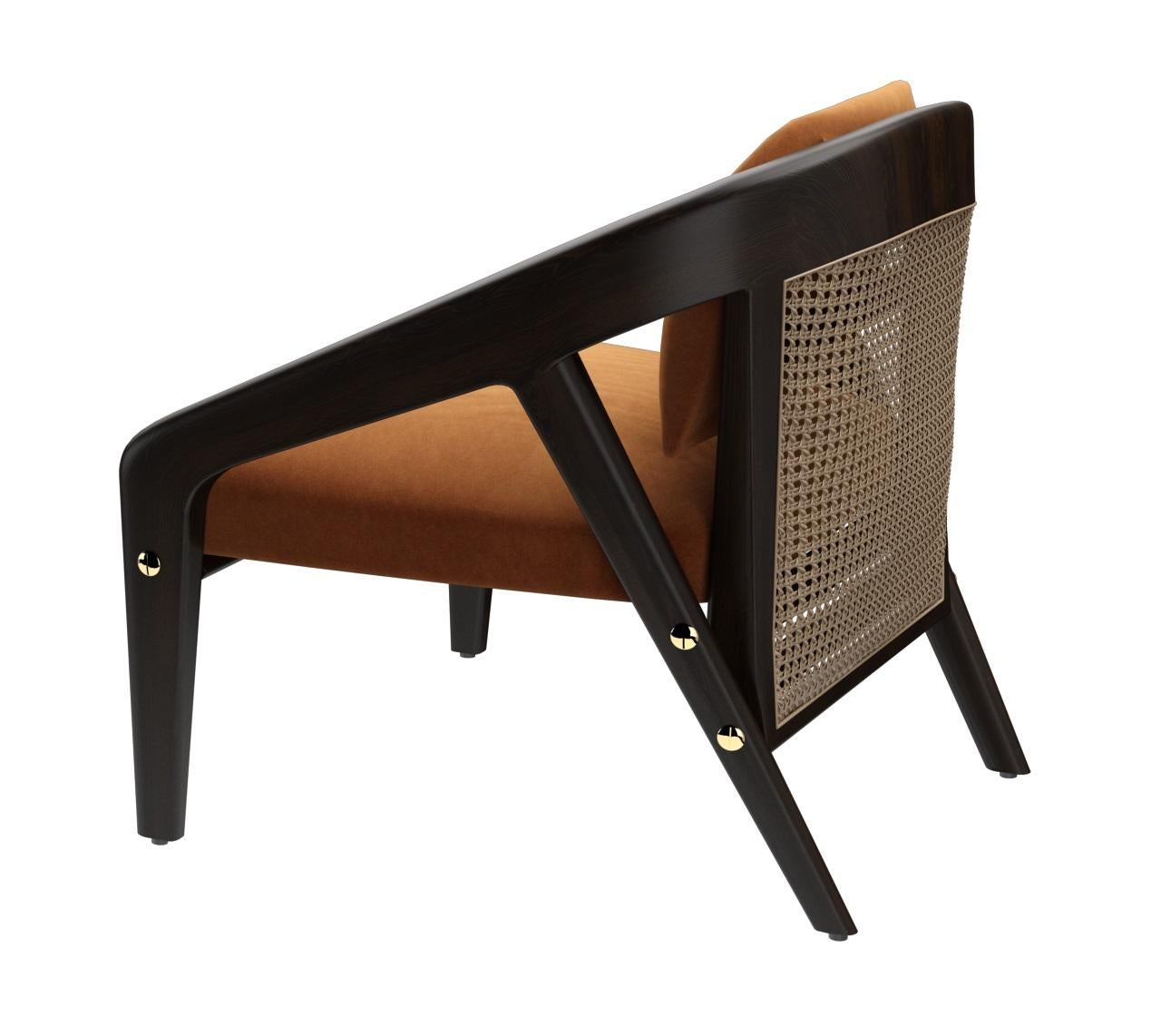 Stainless Steel Mid-Century Style Cane Armchair & Ottoman In Beige Velvet &  Walnut Frame For Sale