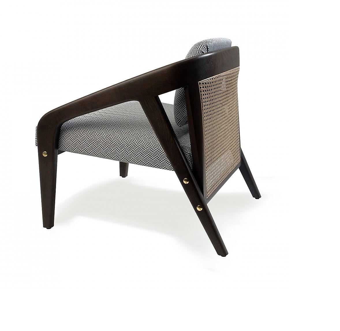 Mid-Century Style Cane Armchair & Ottoman In Beige Velvet &  Walnut Frame For Sale 1
