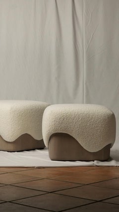 Mid-Century Style Caramelo Stool in Wood and Bouclé Handcrafted by Mavo Atelier