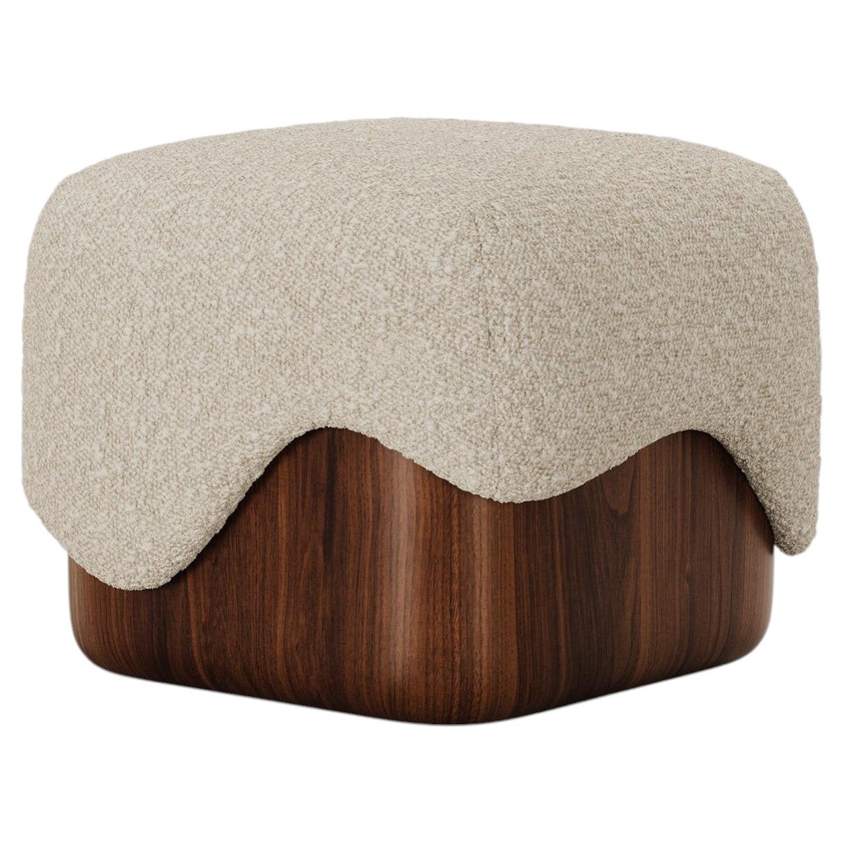 Mid-Century Style Caramelo Stool in Wood and Bouclé Handcrafted by Mavo Atelier
