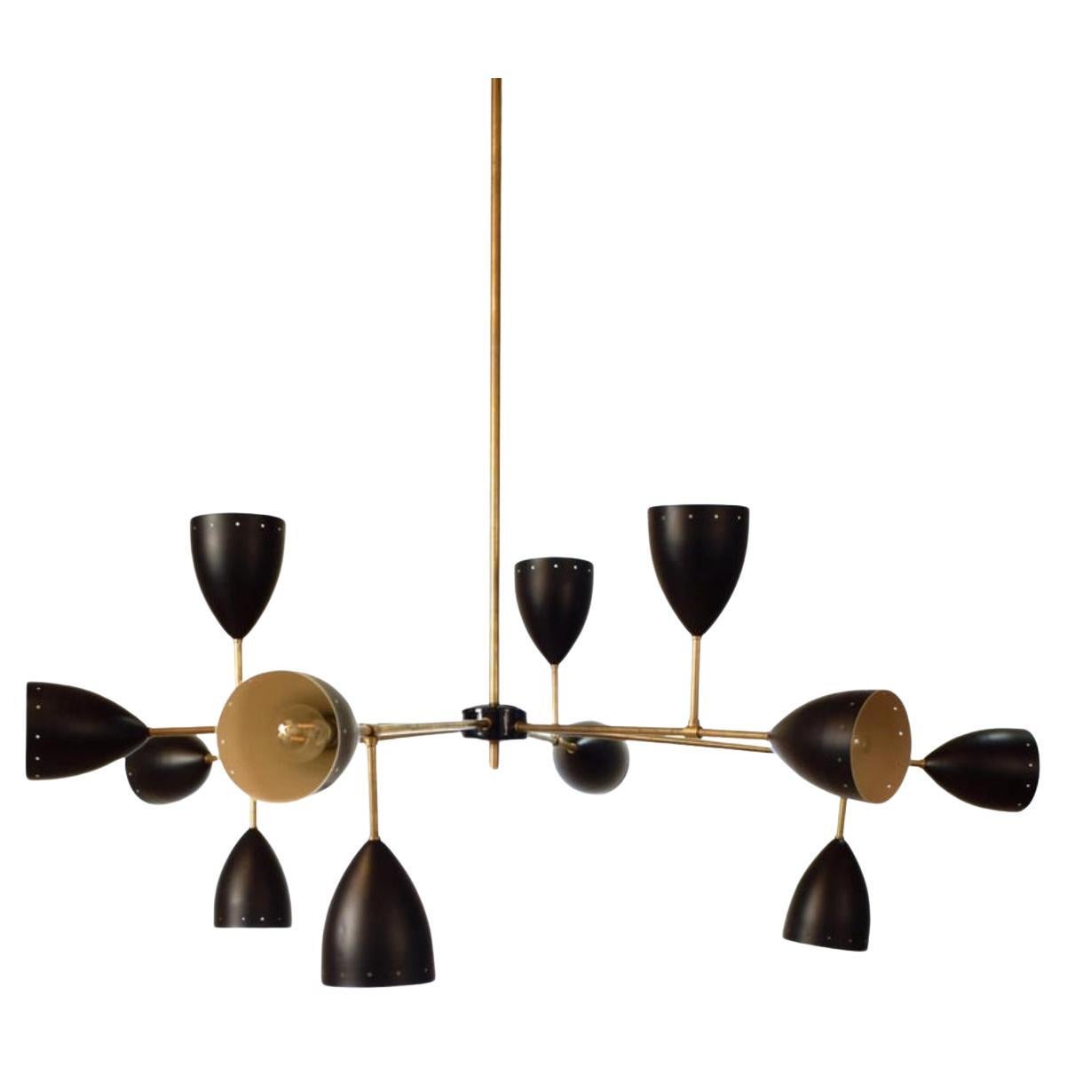 Mid Century Style Chandelier in Brass and Black and White Lacquer For Sale