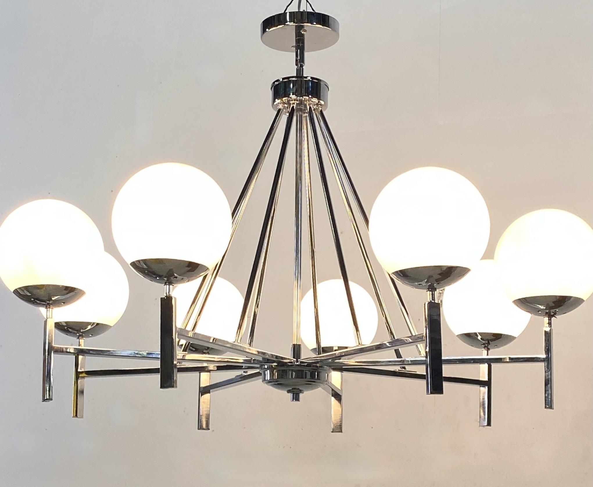 Chinese Mid-Century Style Chrome and White Glass Light Fixture For Sale