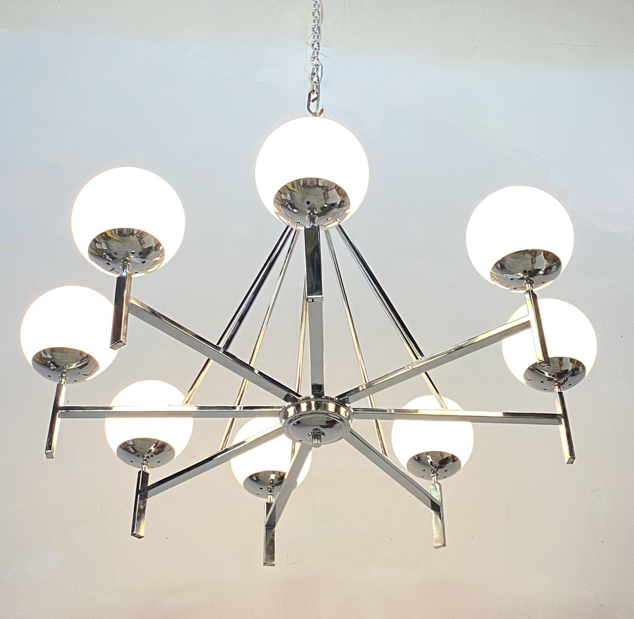 Mid-Century Style Chrome and White Glass Light Fixture In Good Condition For Sale In San Francisco, CA