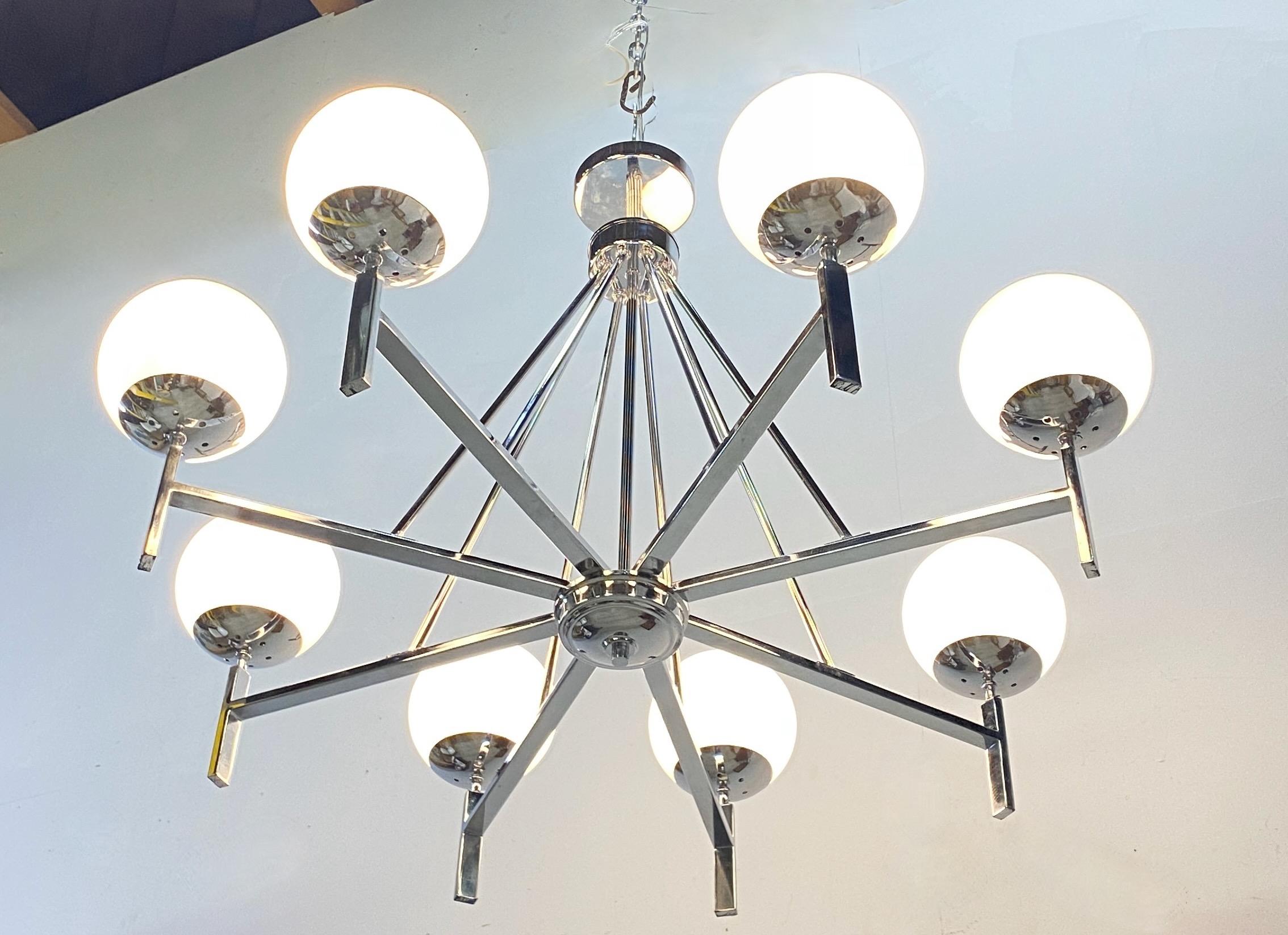 20th Century Mid-Century Style Chrome and White Glass Light Fixture For Sale