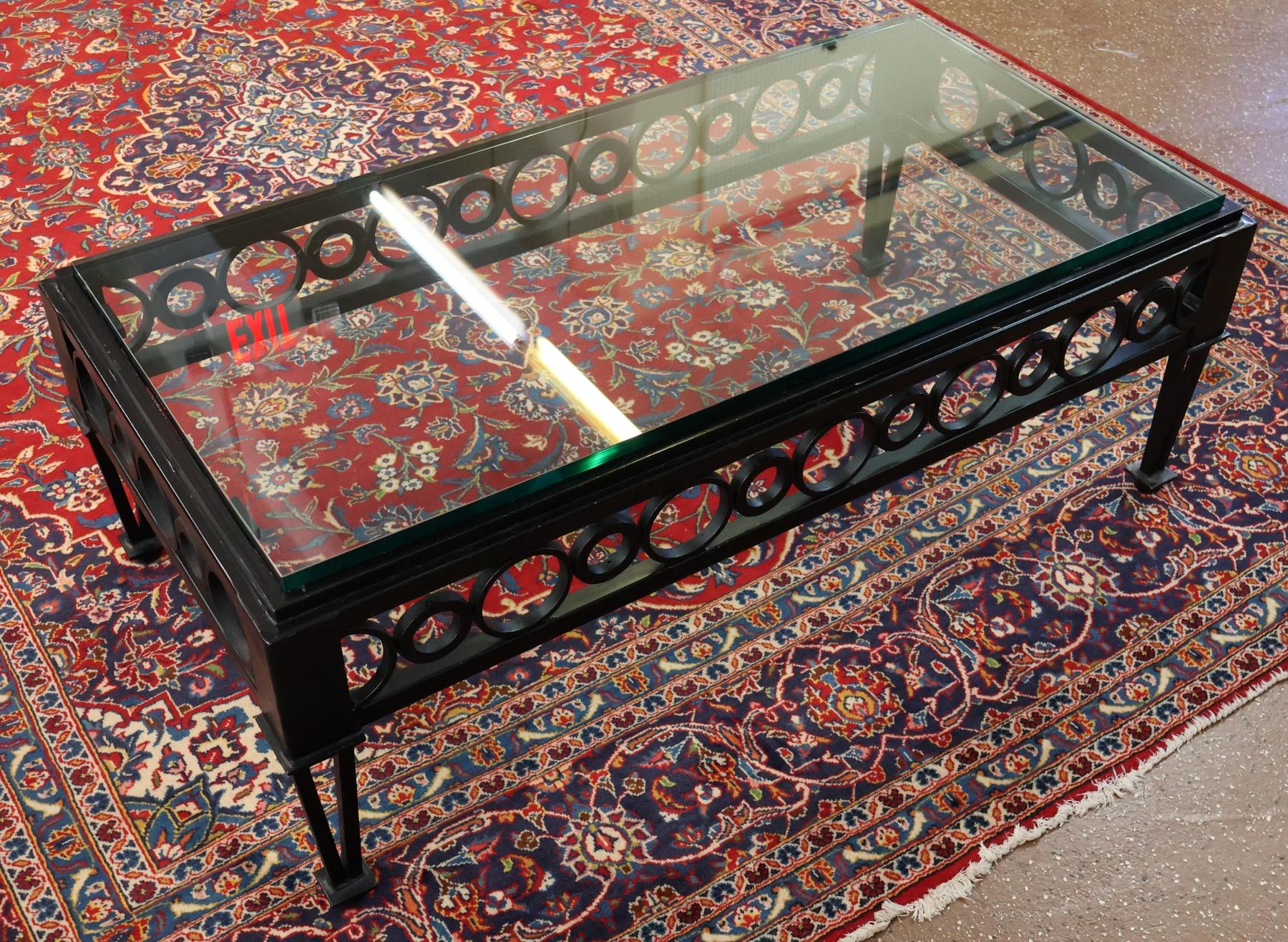 Mid Century Style Circle Pattern Black Iron & Glass Cocktail Coffee Table For Sale 4
