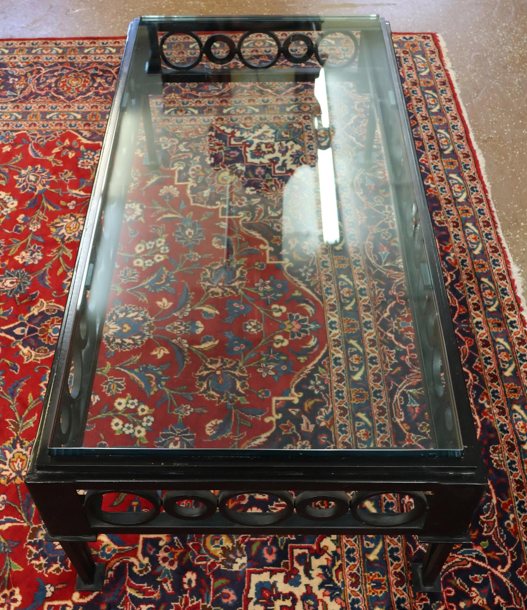 Mid Century Style Circle Pattern Black Iron & Glass Cocktail Coffee Table For Sale 5