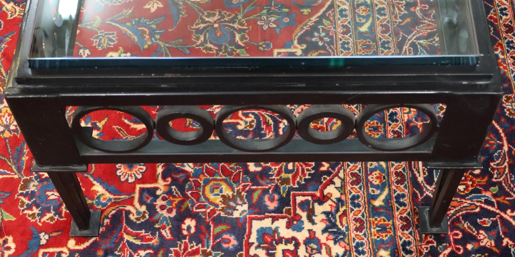 Mid Century Style Circle Pattern Black Iron & Glass Cocktail Coffee Table For Sale 6
