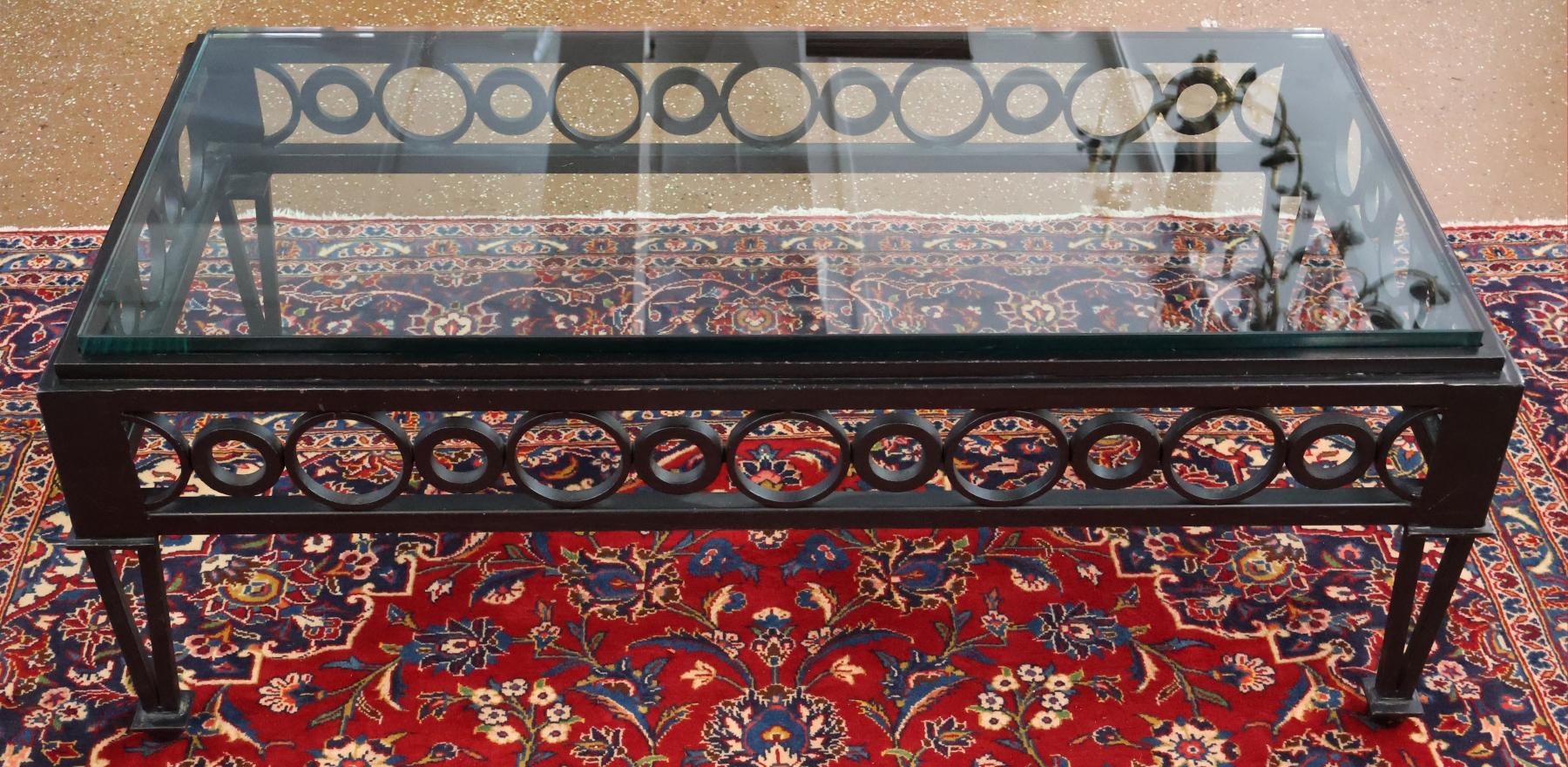 Mid-Century Modern Mid Century Style Circle Pattern Black Iron & Glass Cocktail Coffee Table For Sale