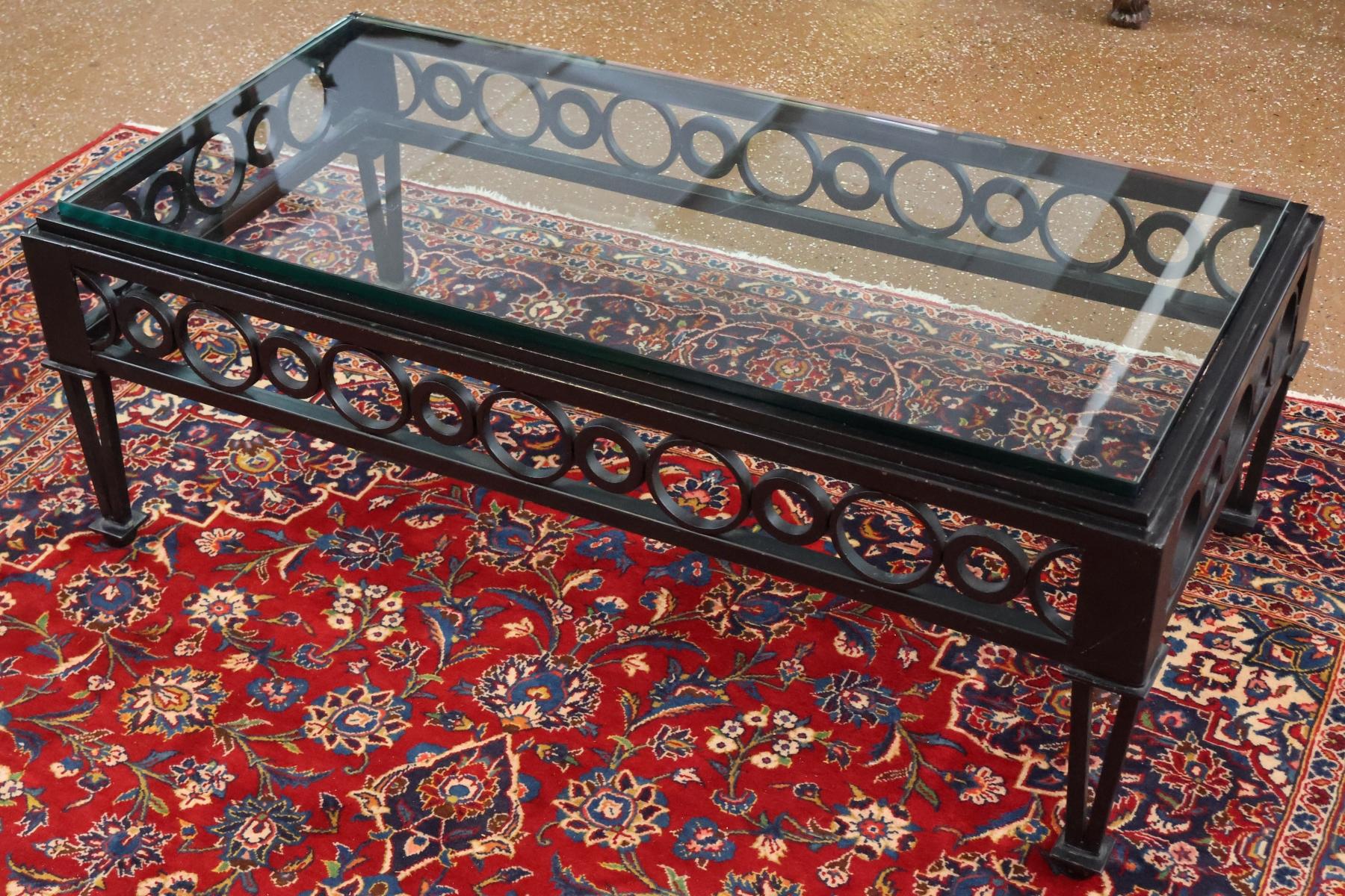 American Mid Century Style Circle Pattern Black Iron & Glass Cocktail Coffee Table For Sale