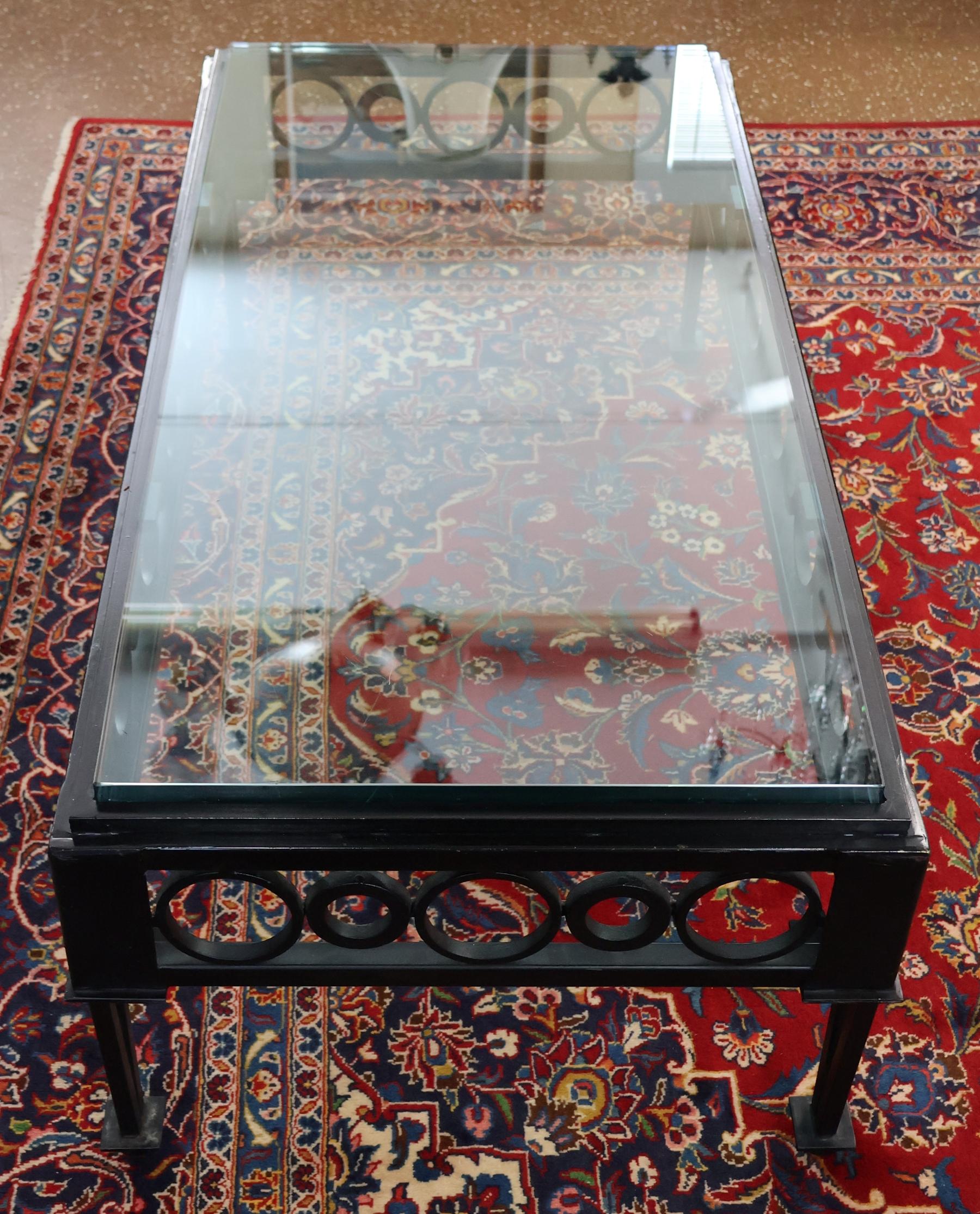 Mid Century Style Circle Pattern Black Iron & Glass Cocktail Coffee Table For Sale 1