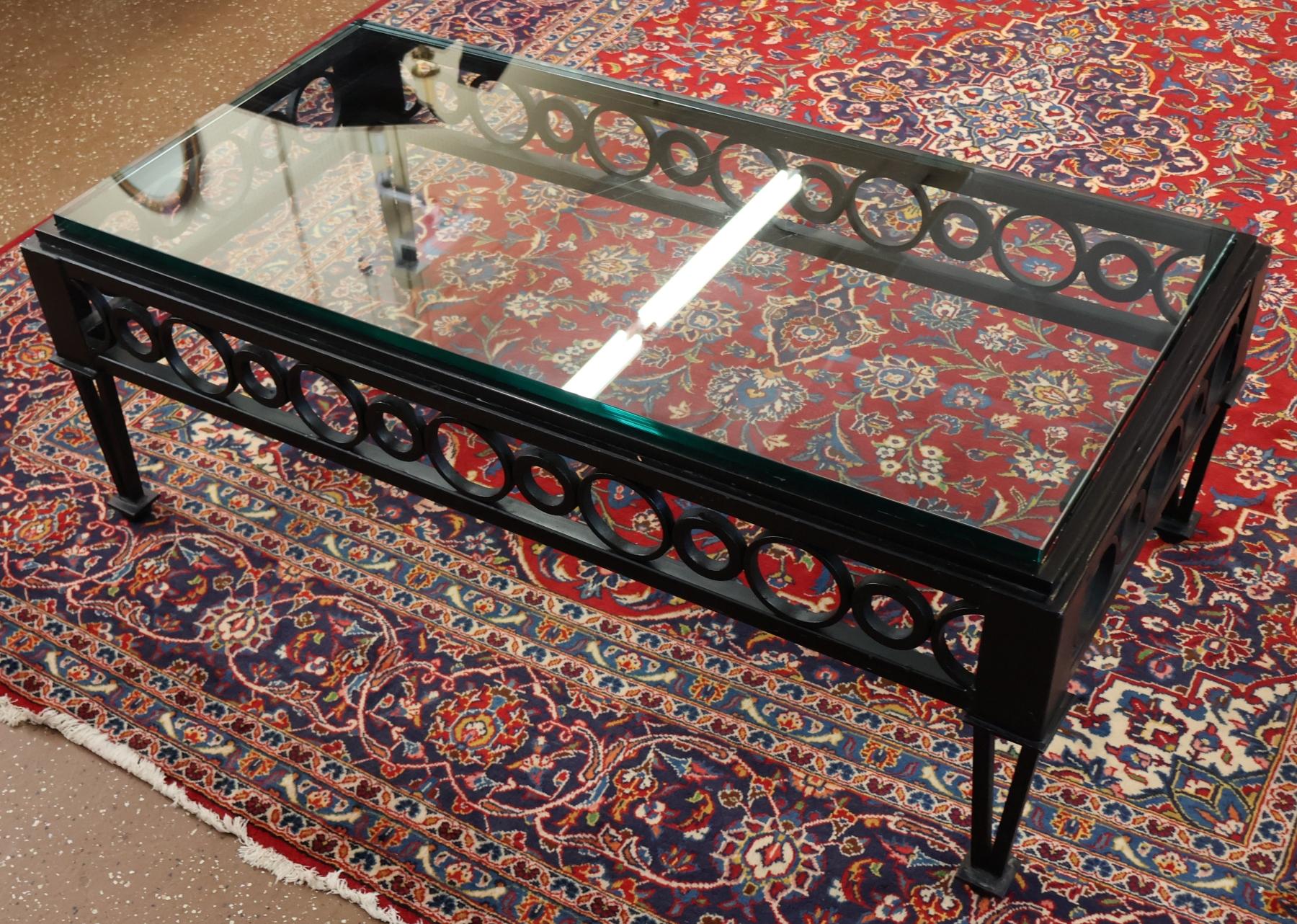 Mid Century Style Circle Pattern Black Iron & Glass Cocktail Coffee Table For Sale 2