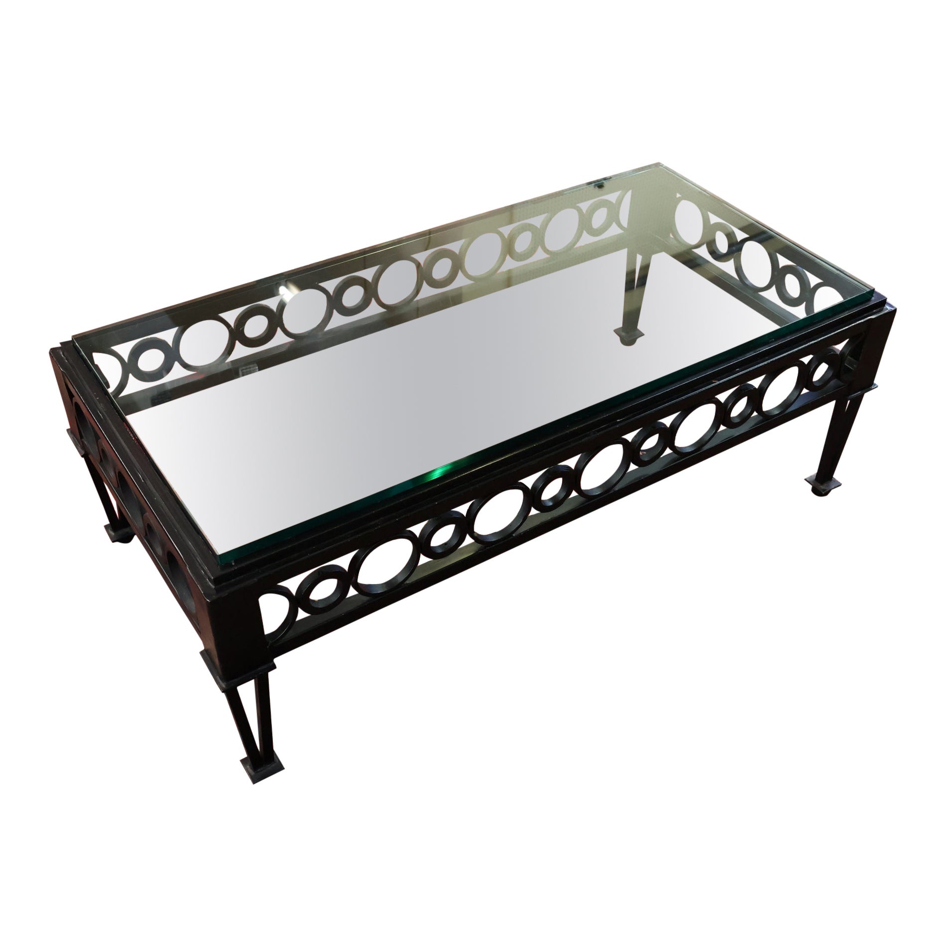 Mid Century Style Circle Pattern Black Iron & Glass Cocktail Coffee Table For Sale
