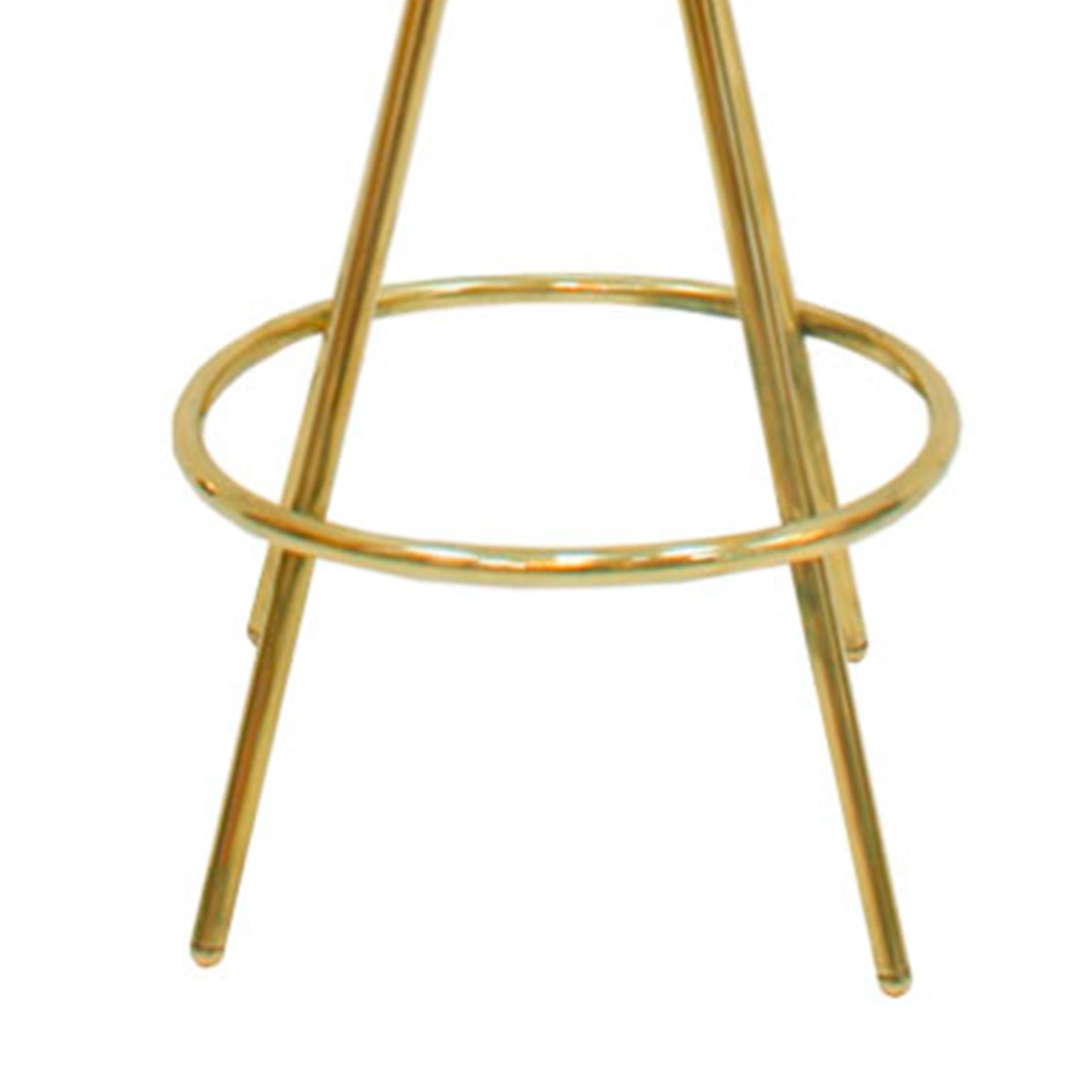 Ottone Sgabello da bar circolare in ottone e velluto di cotone in stile metà secolo in vendita