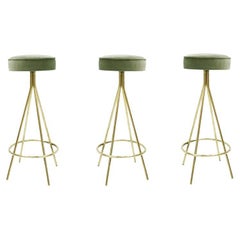 Mid-Century Style Circular Brass and Cotton Velvet Italian Bar Stools
