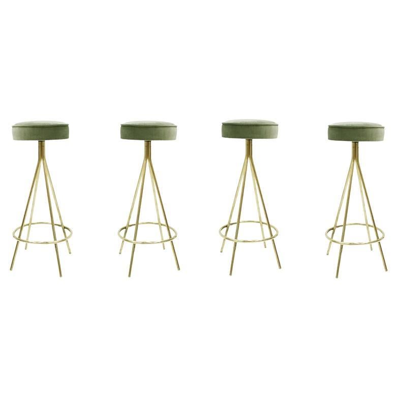 Twenty Bar Stool with Cotton Velvet Oak and Aged Brass For Sale at 1stDibs