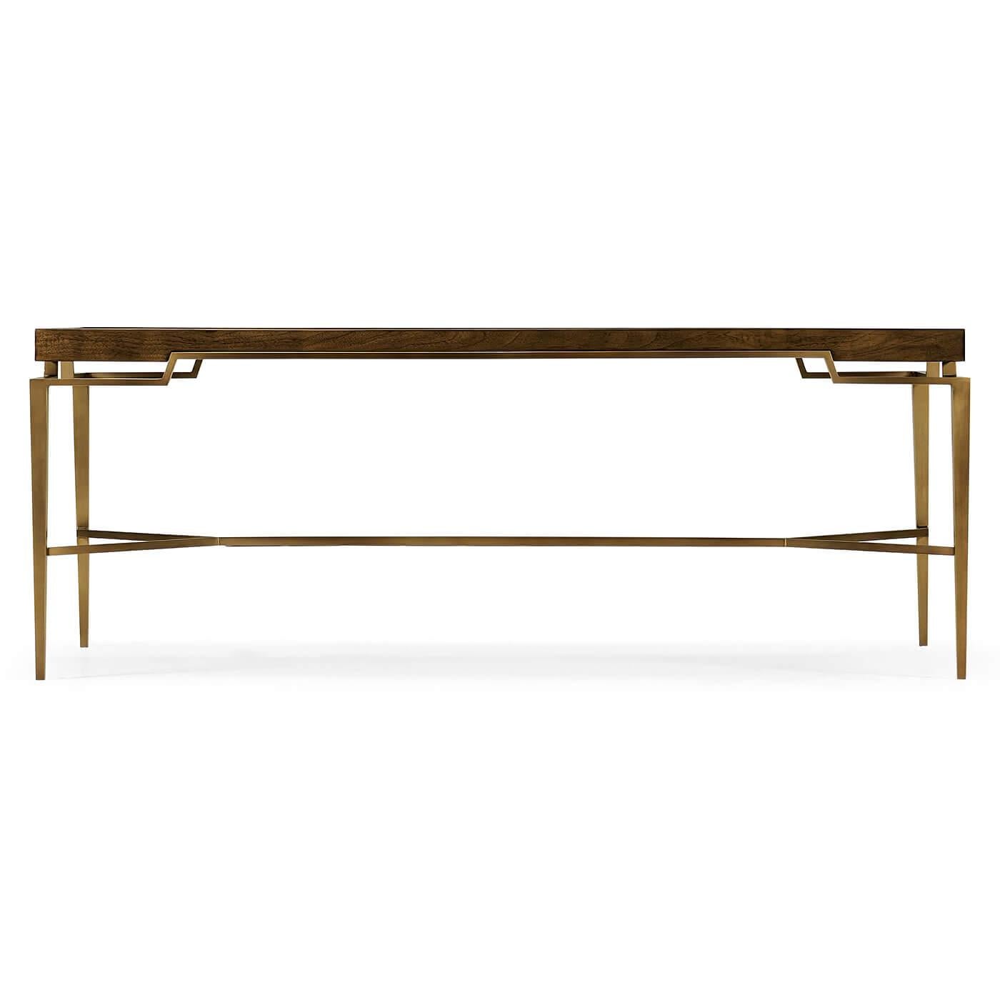 Mid-Century Modern style brass inlaid walnut rectangular form cocktail table. This table features a veneer technique borrowed from the artisans of the Italian Renaissance. Inlays and base are solid brass with an acid dipped, hand-rubbed