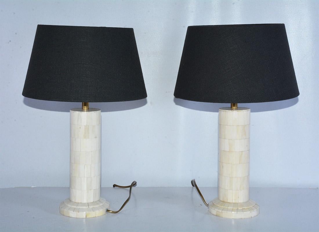 Pair of slender cylinder shape lamp base decorated with polished inlaid square bone mosaic paired with Charcoal black Belgium linen lamp shade. Euro style lamp socket.
Measures: Height of lamp with shade 18.50