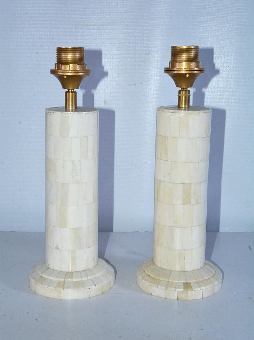 Organic Modern Petite Midcentury Style Column Shape Bone Mosaic Lamps