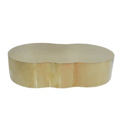 Mid-Century Style Curved Coffee Table with Wooden Structure Covered in Brass