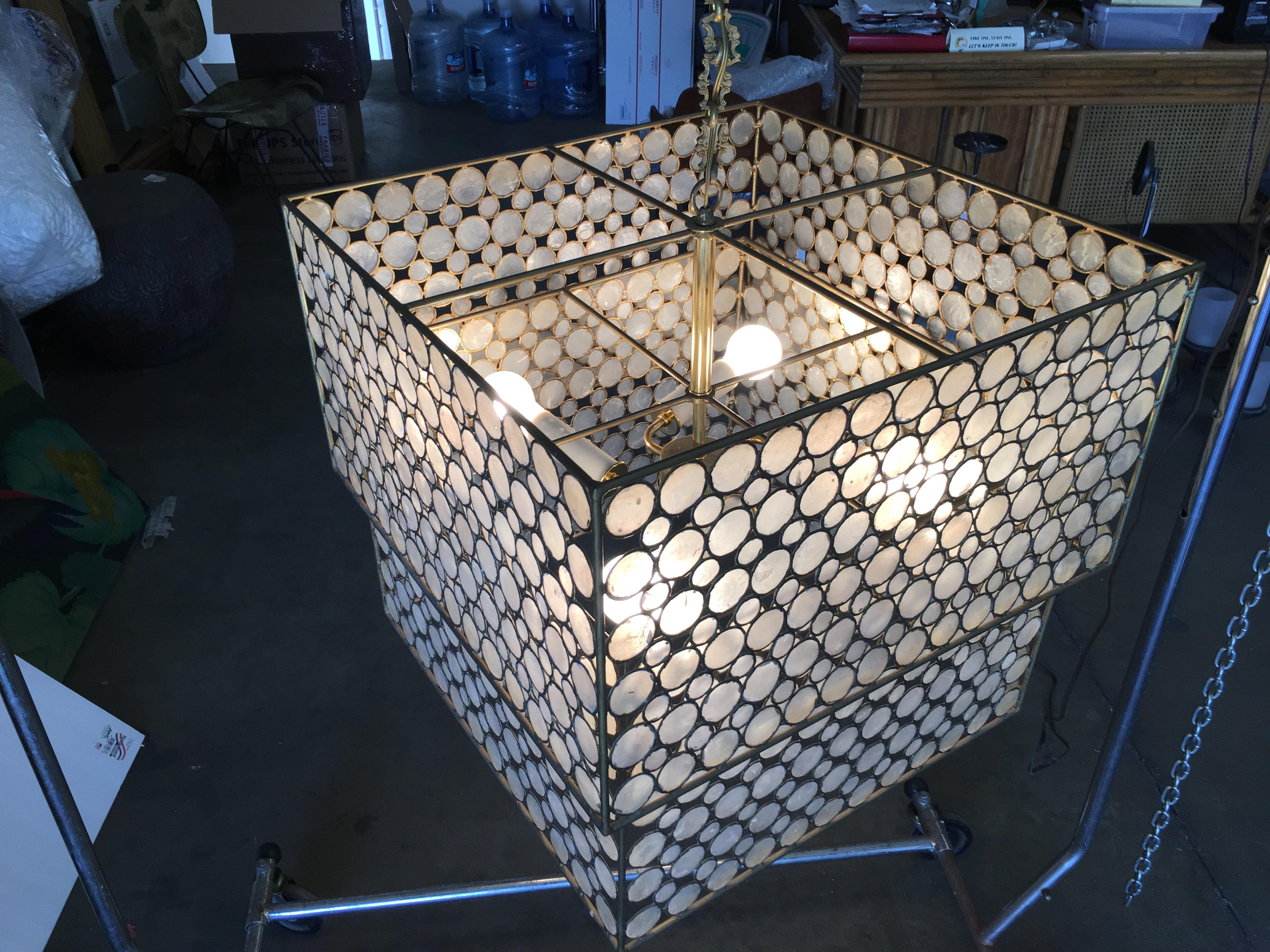 Midcentury Style Double Box Mother of Pearl Hanging Chandelier In Excellent Condition For Sale In Van Nuys, CA