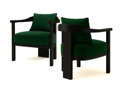 Mid-Century Style Emerald Green Velvet Armchair with Black Oak Wood Frame