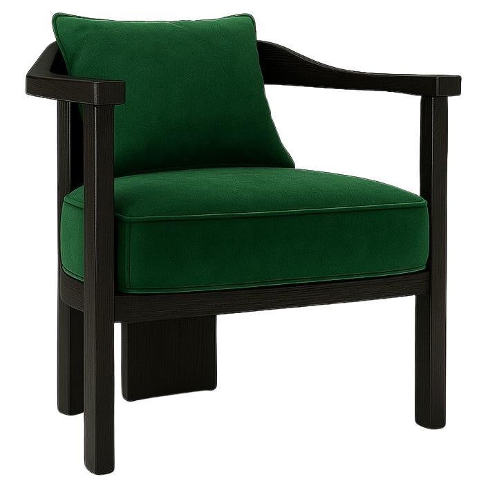 Mid-Century Style Emerald Green Velvet Armchair with Black Oak Wood Frame