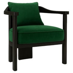 Mid-Century Style Emerald Green Velvet Armchair with Black Oak Wood Frame
