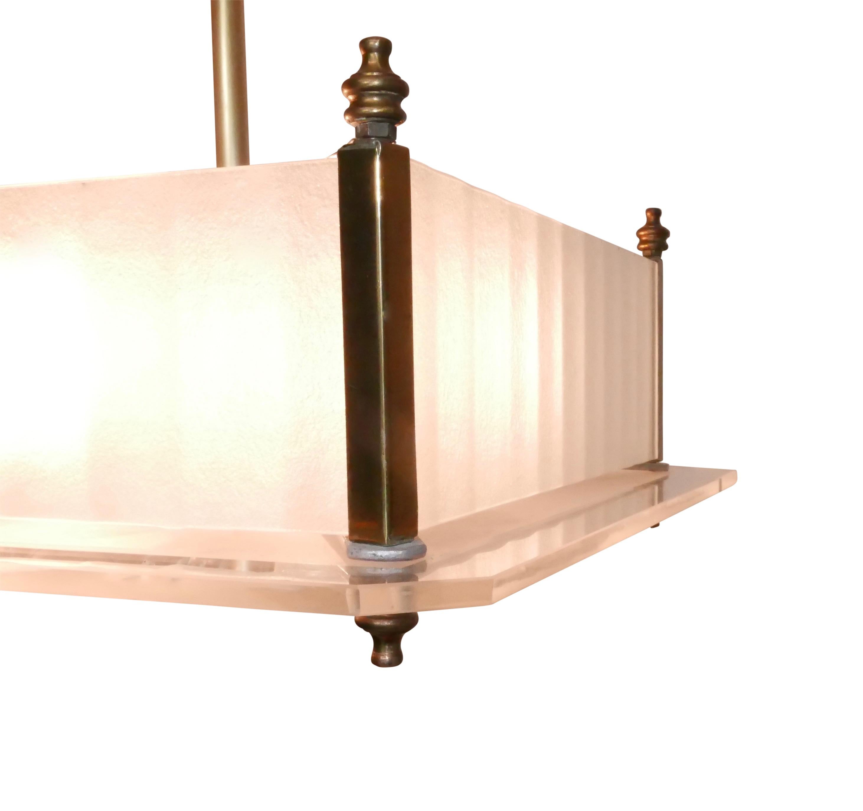 Etched Midcentury Style Frosted Glass and Brass Light Fixture For Sale