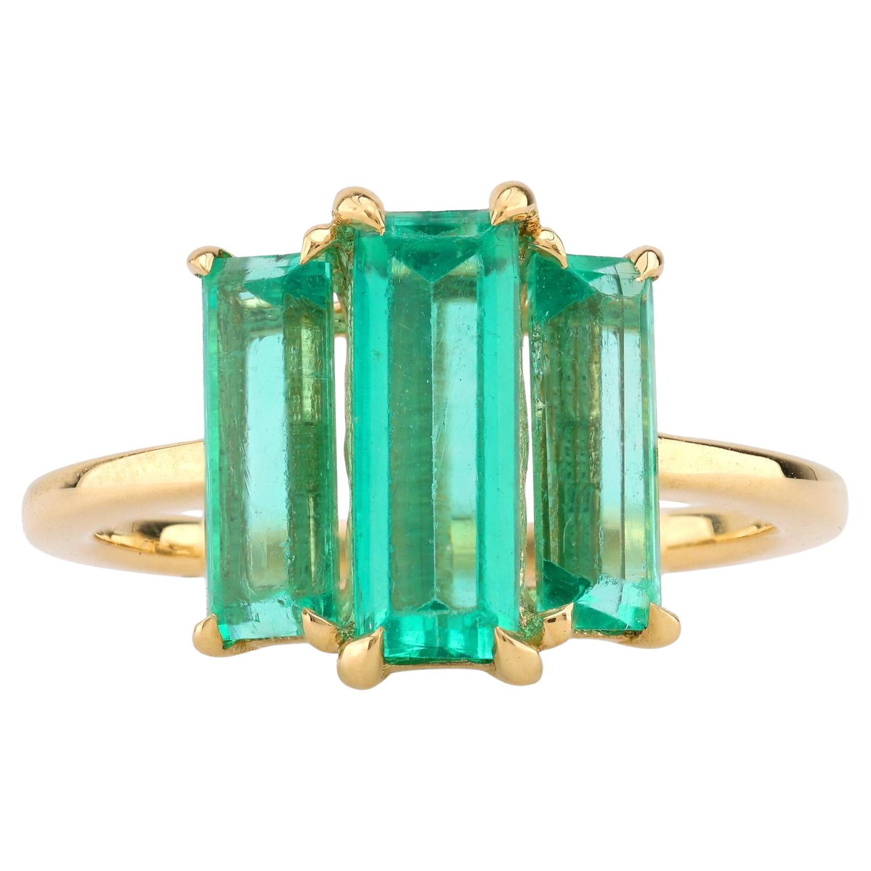 Mid Century Style GIA 2.5 Carat Emerald 18K Yellow Gold Three Stone Ring