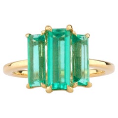Bague à trois pierres en or jaune 18 carats avec émeraude GIA de 2,5 carats, style milieu de siècle